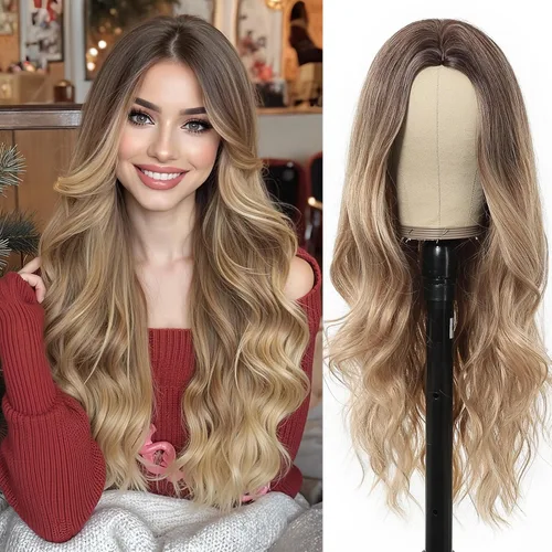 Miniatura 13 de Esmee Pelucas largas de color castaño rojizo ombré para mujer, peluca de cabello sintético ondulado y rizado natural para uso diario, fiestas