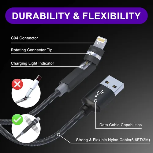 Miniatura 6 de Cable Lightning de 90 grados con cabezal giratorio de 360 grados de 6.6 pies [carga rápida y datos MFi y 2.4A] Cable de carga de nailon trenzado