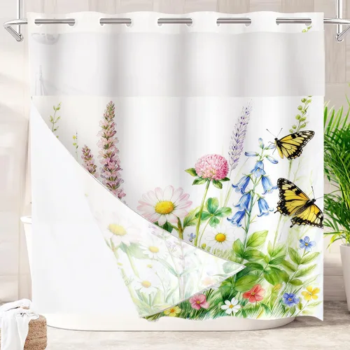 Miniatura 43 de Batmerry Cortina de ducha decorativa botánica con hojas blancas, flores románticas, borde victoriano, libélula y flores silvestres, bonita y ancha