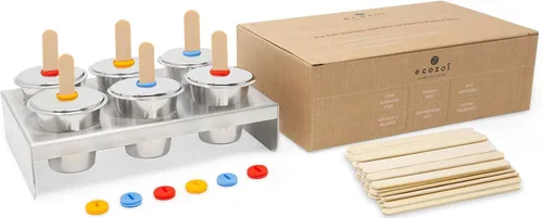Ecozoi Moldes y estante de acero inoxidable para paletas – 6 mini máquinas redondas de paletas de hielo + 30 palos de bambú reutilizables + 12