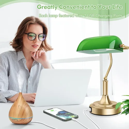 Miniatura 3 de Lámpara de banqueros con 2 puertos USB, control táctil, lámpara de escritorio de vidrio verde con base de latón, lámpara de escritorio vintage