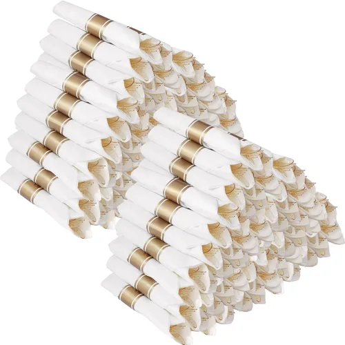 Miniatura 14 de Goodluck Paquete de 50 cubiertos de plástico color oro rosa preenrollados, juego de cubiertos de plástico envuelto con servilleta incluye 50