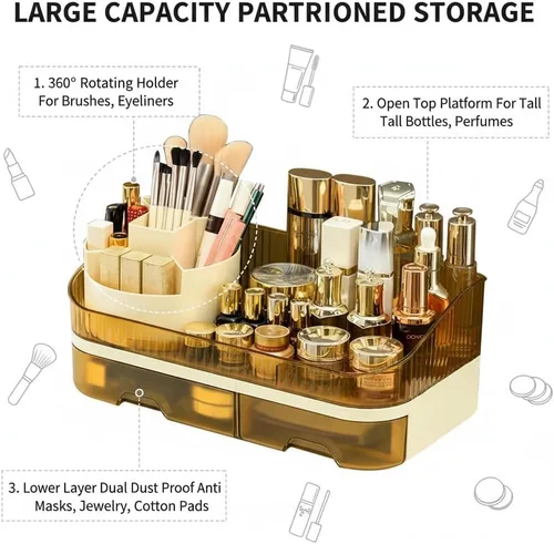 Miniatura 2 de Organizador de maquillaje para encimera con cajones dobles, almacenamiento de cosméticos de gran capacidad para tocador de baño, cuidado de la piel