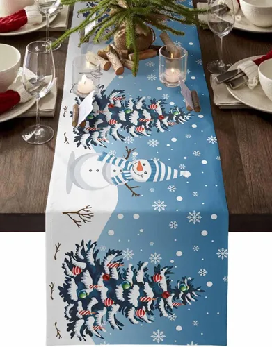 Camino de mesa de Navidad - Lino de algodón 36 pulgadas, corredor de cama rústico de muñeco de nieve y copos de nieve azules, pañuelos de vestido