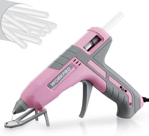 WORKPRO Pistola de pegamento caliente de tamaño completo - 60/100W Pistola de pegamento de doble temperatura y juego de barras con 10 barras de Rosa