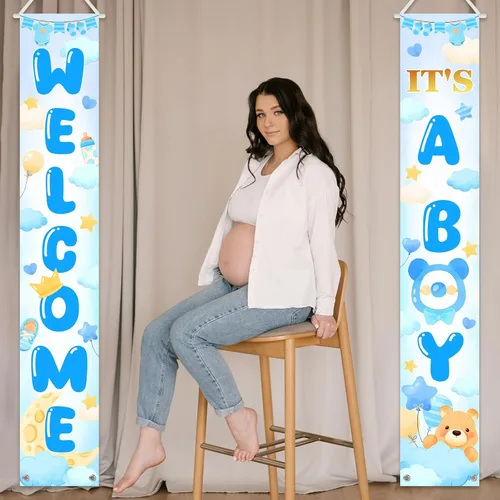 Miniatura 4 de Avezano Cartel de bienvenida con texto en inglés "It's a Boy" para puerta de bebé, decoración azul para recién nacidos, decoración para interiores