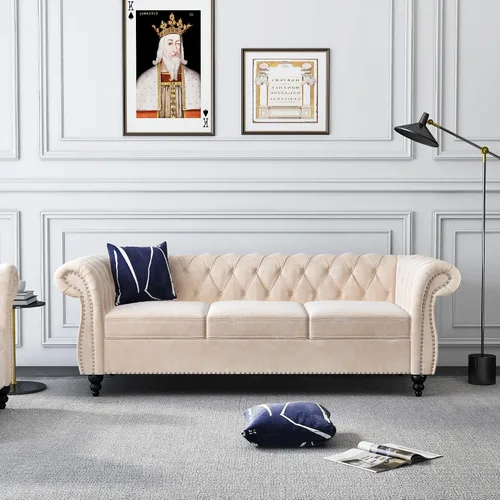 ORRD - Sofá Chesterfield de Terciopelo, Sofá Moderno de Terciopelo con 3 Asientos con Brazos Enrollados y Clavos para Sala de Estar, Dormitorio,