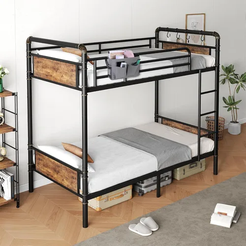 Miniatura 9 de Jocoevol - Litera de metal Twin over Twin, literas industriales de alta resistencia con rieles de seguridad y diseño de ahorro de espacio, cama