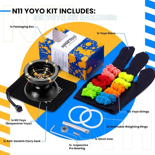 Miniatura 5 de MAGICYOYO N11 Yoyo N11 - Bola profesional Yoyo N11 de aleación de doble propósito (negro con dorado) con saco, guante, 12 cuerdas Yoyo y kit