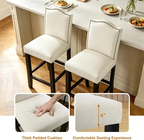 Miniatura 7 de LSSPAID Juego de 2 taburetes de bar, de 28.5 pulgadas, modernos tapizados de tela, taburetes de bar con respaldo de cabeza de clavo y patas de Beige