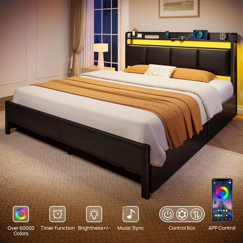 Miniatura 4 de Rolanstar Armazón de cama tamaño completo con estación de carga y luces LED, cabecera de almacenamiento tapizada con cajones, listones de metal
