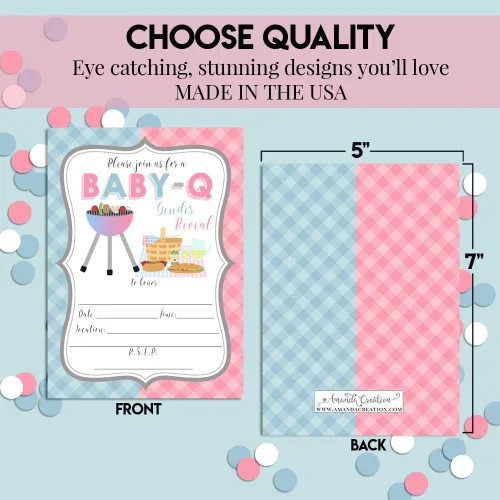 Miniatura 4 de Baby-Q BBQ Gender Reveal Invitaciones – 20 tarjetas temáticas de parrilla y picnic de 5 x 7 pulgadas con sobres, invitaciones de baby shower