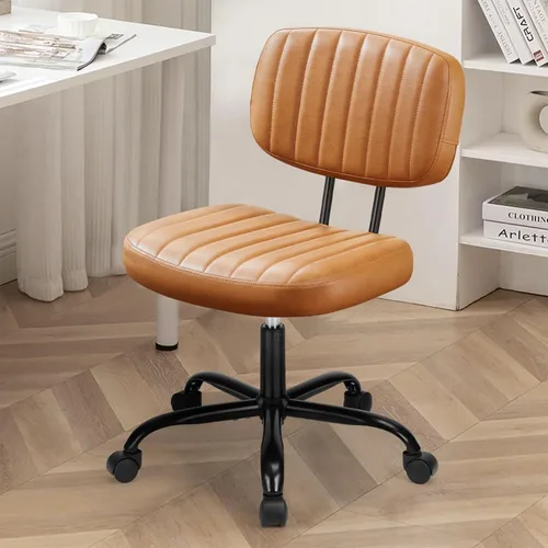 Miniatura 15 de DUMOS Silla de escritorio de oficina en casa, silla ergonómica de piel sintética sin brazos, con cómodo soporte lumbar y altura ajustable, tocador