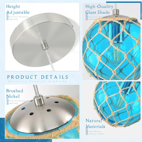 Miniatura 6 de Paquete de 3 lámparas colgantes costeras azules de 6 pulgadas para isla de cocina, lámpara de techo con globo de vidrio oceánico, lámpara de techo