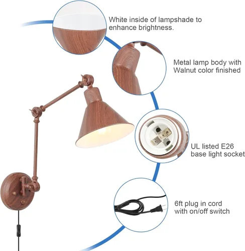 Miniatura 4 de TRLIFE Aplique de pared enchufable, aplique de pared regulable con interruptor de brazo oscilante, luces de pared enchufables, apliques de pared