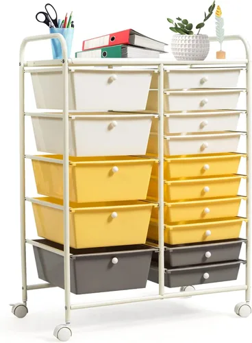 Miniatura 22 de Carrito de almacenamiento con ruedas de 15 cajones, carrito de almacenamiento móvil con ruedas bloqueables para manualidades, herramientas, Negro