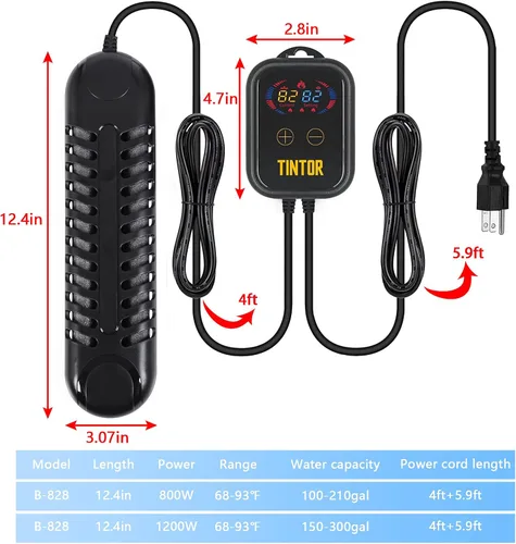 Miniatura 2 de Calentador sumergible para acuario, calentador de tanque de peces de 800 W/1200 W, calefacción de doble tubo, calentamiento rápido y ahorro