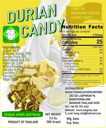Miniatura 2 de LUNGCHA DURIAN Caramelo de frutas con sabor a caramelo, producto de Tailandia, 3.5 onzas (3.53 oz) (Durian)