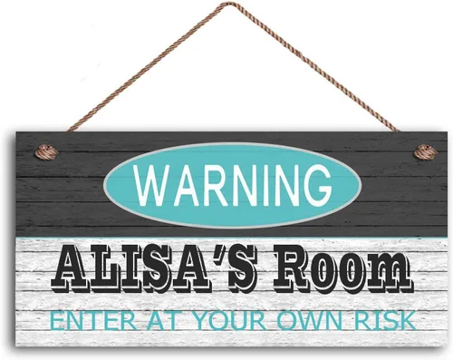 Miniatura 10 de Señales de advertencia personalizadas "Enter at Your Own Risk" personalizadas para habitación de niñas, entrada, puerta, letreros de madera