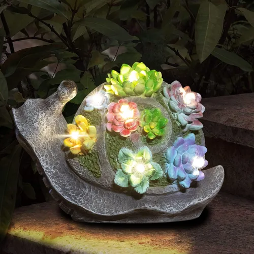 pearlstar Estatuas de jardín, estatua solar de caracoles, decoración de jardín, bonitas figuras de caracoles de resina con 7 luces solares LED,