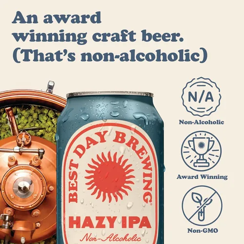 Miniatura 4 de Best Day Brewing Cerveza artesanal sin alcohol, Hazy IPA, paquete de 12, baja en carbohidratos y baja en calorías NA Hazy IPA, sabor a fruta