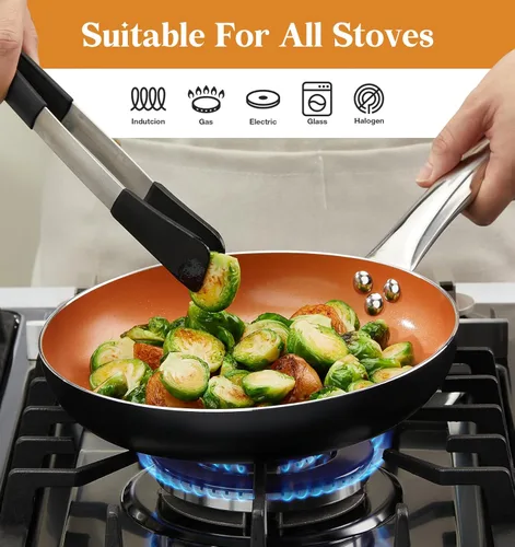 Miniatura 5 de KOCH SYSTEME CS Sartenes antiadherentes de cobre de 10 pulgadas con tapas e interior de cerámica de titanio, sartén saltear/sartén 100% libre
