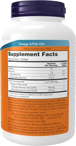 Miniatura 2 de NOW Suplementos, Omega-3 180 EPA / 120 DHA, revestimiento entérico, apoyo cardiovascular*, 180 cápsulas blandas