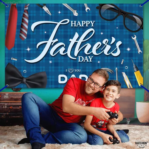 Miniatura 8 de KatchOn, Pancarta azul con texto en inglés «Happy Father's Day», extragrande, 72 x 44 pulgadas, decoración azul del día del padre para fiesta, telón