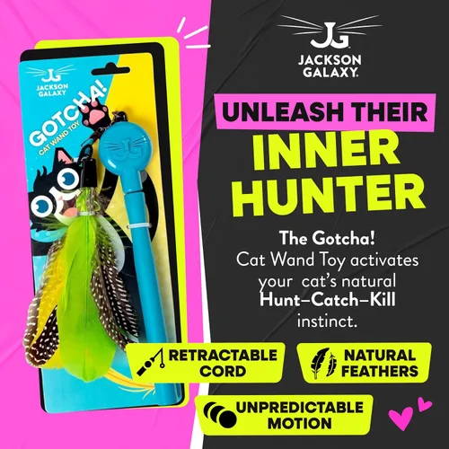 Miniatura 2 de Jackson Galaxy Gotcha! Juguete de varita para gatos, juguete retráctil para juegos atractivos, varita telescópica con plumas naturales para gatos