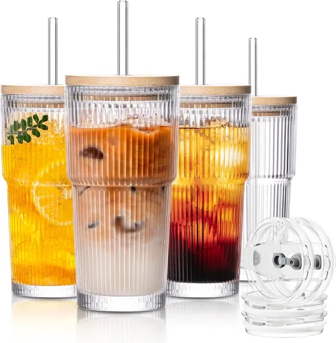Miniatura 9 de SoulTimes Vaso de vidrio de flor de begonia de 20 onzas con tapas y popotes, 2 tazas de vidrio para café helado para batidos, matcha, jugo, agua