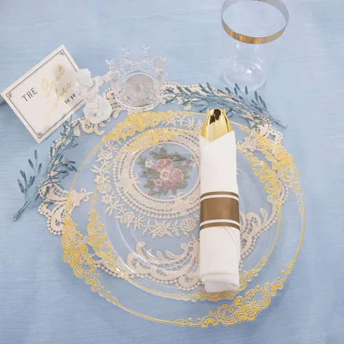Miniatura 2 de Hioasis 350 platos de plástico transparente y dorado, elegante juego de vajilla desechable adecuado para 50 invitados, incluye platos de cena