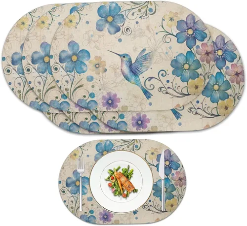 Miniatura 50 de Blue Flower Dining Table Mats Set of 2 Hummingbird Heat Resistant Placemats Washable and Wipeable Non Slip Place Mat, Waterproof Modern Dining Table