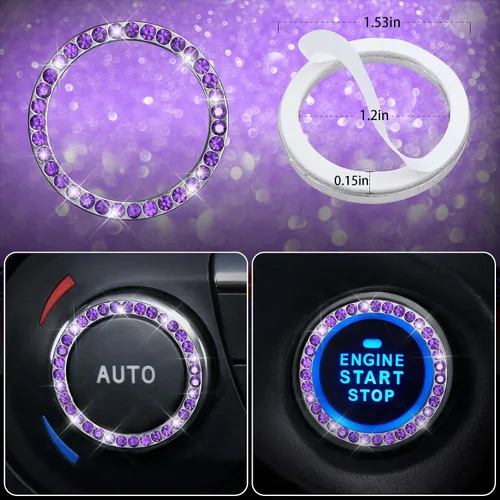 Miniatura 9 de CAR PASS Fundas de asiento de automóvil de cuero con diamantes brillantes, 11 unidades, funda de volante con diamantes de imitación brillantes