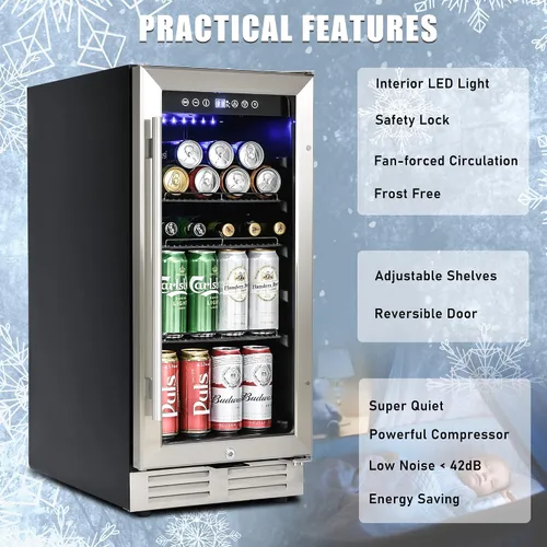 Miniatura 3 de IOCCIOBB Mini refrigerador de 15 pulgadas, gabinete de vino y bebidas, 120 latas, 34-65°F, silencioso, estantes ajustables, iluminación LED, ETL