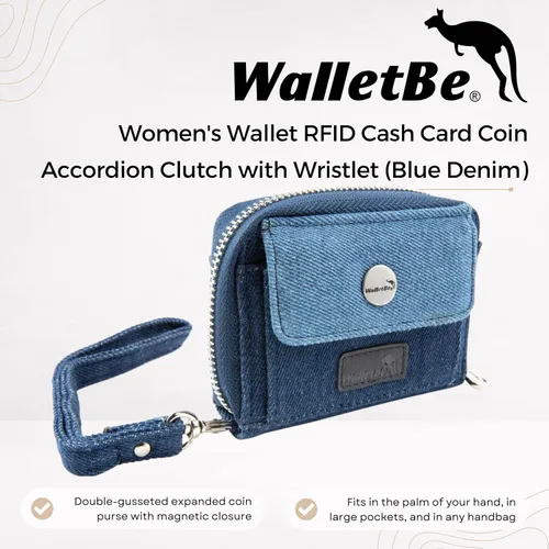 Miniatura 2 de Cartera de cuero RFID tarjeta de efectivo moneda embrague acordeón para mujer, Mezclilla azul, Denim