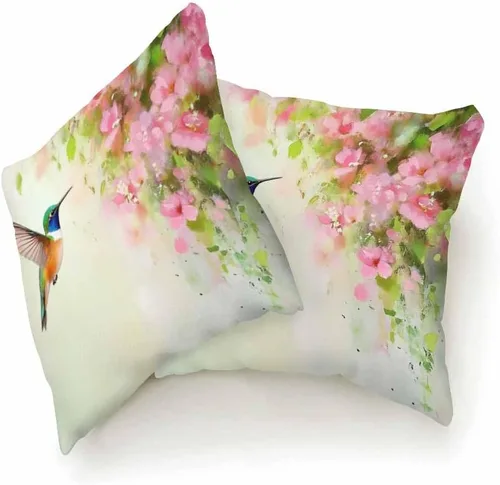 Miniatura 5 de Fundas de almohada de colibrí volador y flores rosadas, pintura al óleo, 18 x 18 pulgadas, fundas de almohada decorativas para sofá, dormitorio