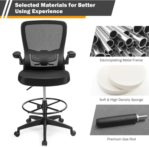Miniatura 7 de Giantex Silla de dibujo, sillas de oficina con respaldo alto, con reposapiés, reposabrazos abatible, altura ajustable, silla de escritorio Negro