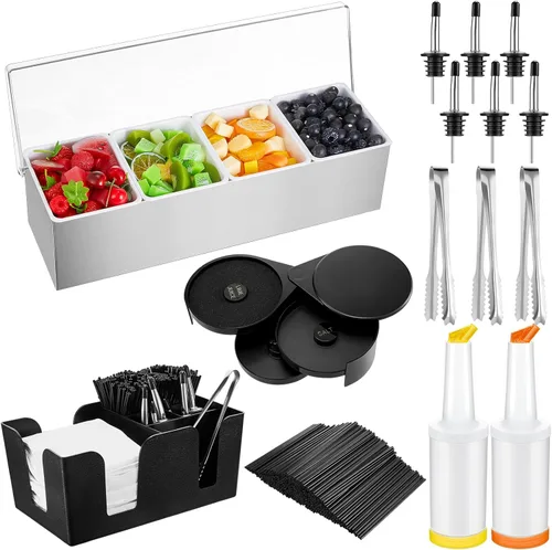 Miniatura 8 de Mifoci Bartending Supplies Bandeja de Guarnición con Tapa Caddy de Bar Rimador de Vasos de 3 Niveles 12 Vertedores de Botellas de Acero Inoxidable 2