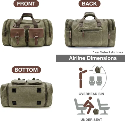 Miniatura 5 de Wildroad Bolsa de viaje de lona de 50L, bolsa de lona expandible de cuero genuino, bolsa de fin de semana mejorada para una noche, bolsa de mano