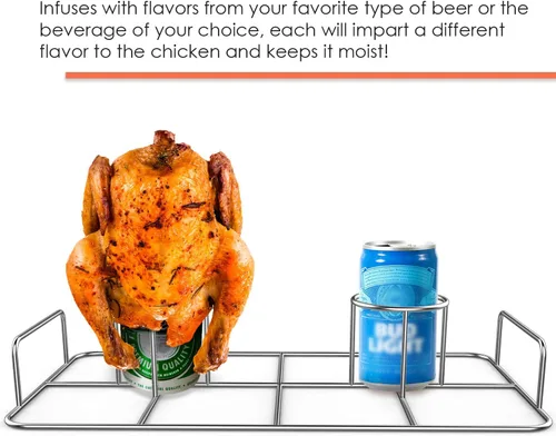Miniatura 6 de Estante Doble para Pollo con Latas de Cerveza y Cepillo de Aceite de Silicona, Soporte de Acero Inoxidable para Pollo Doble para Ahumador