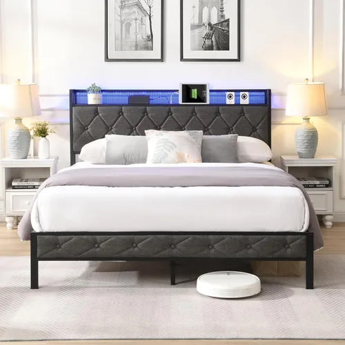 Miniatura 4 de Full Bed Frame Metal, Charging Station and Led Lights, Upholstered Platform Bed with Heavy Metal Slats, No Box Spring Needed, Noise Free, Easy