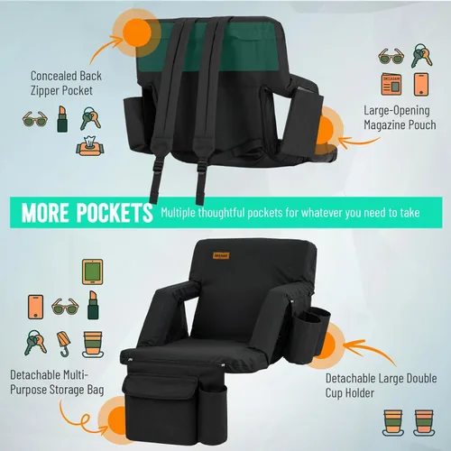 Miniatura 8 de Overmont Asiento de Estadio con Soporte para la Espalda - Cojín Acolchado de 2.8'' Reclinable de 6 Posiciones Asiento de Gradería con Ganchos Dobles
