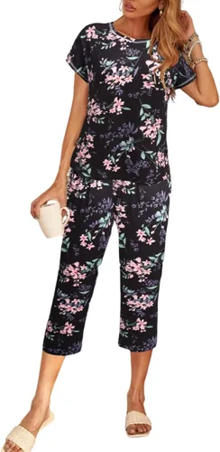 Ekouaer Pijamas de manga corta para mujer, ropa de dormir y pantalones capri, conjuntos de pijama con estampado lindo con bolsillos S-XXL
