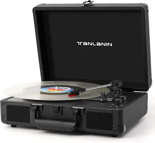 Reproductor de discos portátil con Bluetooth, tocadiscos de 3 velocidades con transmisión por correa, reproductor de discos de vinilo en maleta con