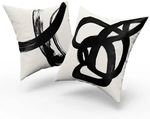 Miniatura 6 de Juego de 4 fundas de almohada abstractas de color negro y beige de 16 x 16 pulgadas, modernas fundas de cojín a rayas para sala de estar, sofá