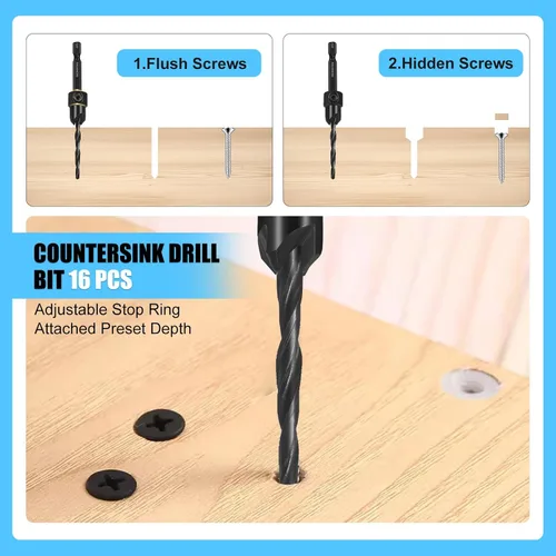 Miniatura 6 de FACAINCXS Juego de brocas avellanadas para madera, 16 piezas de acero de alta velocidad para carpintería, brocas cónicas para contador de fregadero