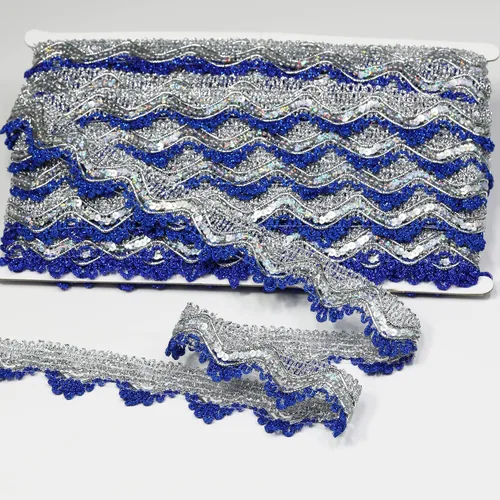 Cinta de encaje trenzada de poliéster con lentejuelas plateadas brillantes 14 yardas 35mm de ancho para costura, manualidades, ropa, cortinas,