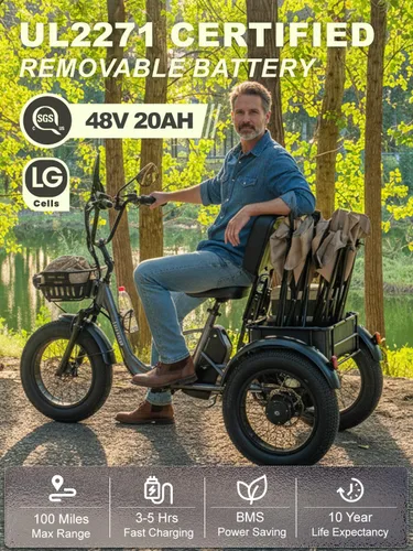 Miniatura 6 de Folding Electric Tricycle for Adults 2 Seater, 20MPH 100 Miles 4" Wide Fat Tire Electric Trike, 3 Wheel Electric Bike 1200W, 48V 20AH Battery