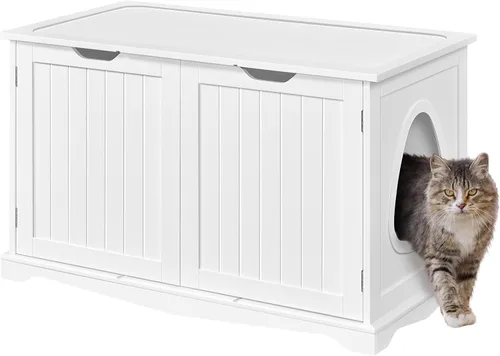 Miniatura 14 de Yaheetech Caja de arena para gatos, muebles de arena ocultos, baño para gatos, jaula para mascotas, banco de almacenamiento decorativo para Blanco