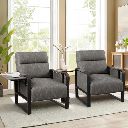 Miniatura 12 de Silla de Acento Moderna Tapizada en Cuero PU Sillón con Mesa de Bandeja para Dormitorio Sala de Estar Sillas Silla de Oficina Beige